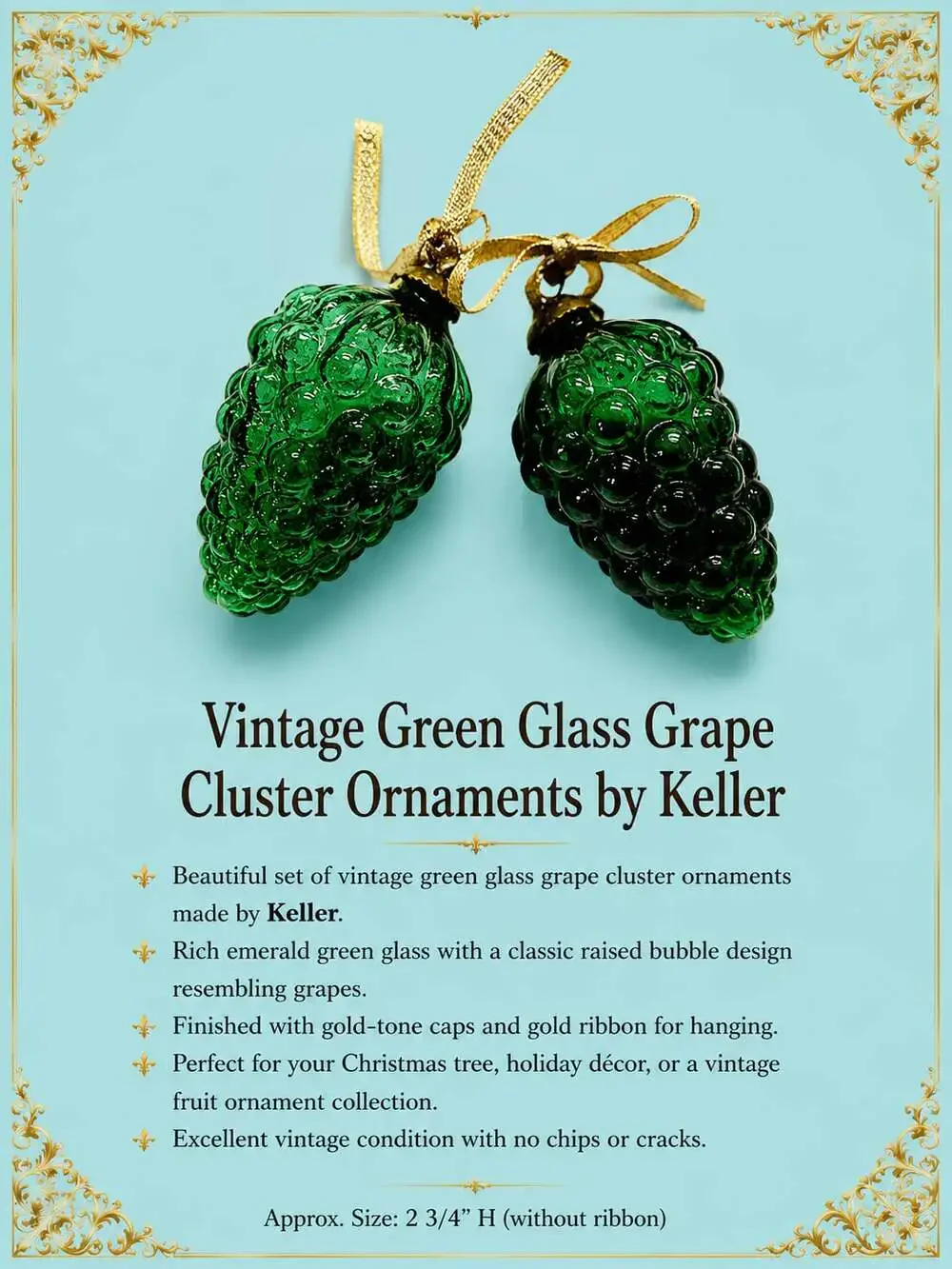 Keller Vintage Green Glass Grape Cluster Christmas Ornaments, Set of 2